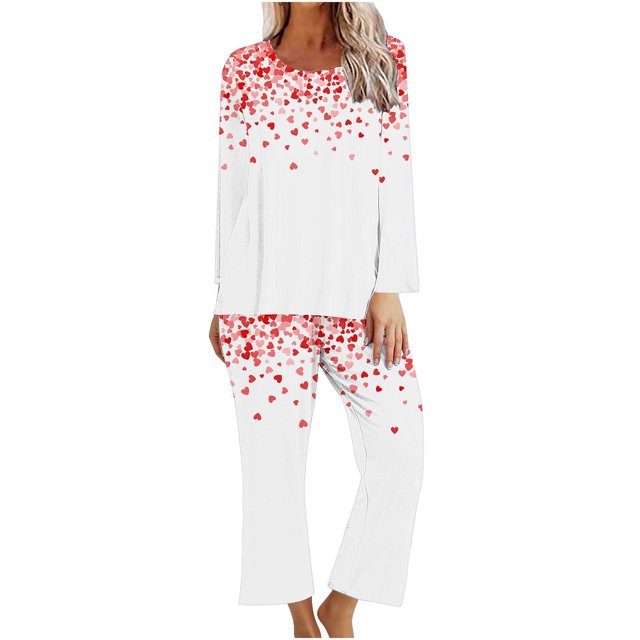 TIMIFIS Valentines Ensembles de Pyjamas pour Femme Mignon Imprimé Cœur Manches Longues Col Ras du Cou Haut avec Pantalon Ensembles de Pyjama Détente Ensembles de Pyjamas pour Dames