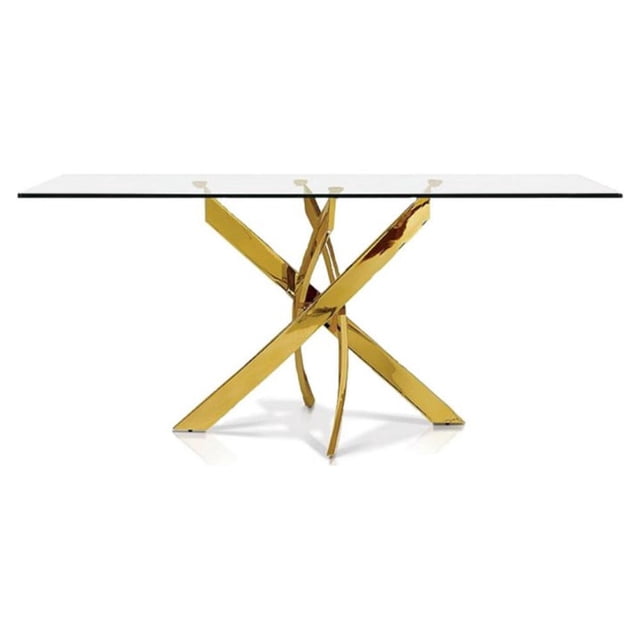 Olivet table de Salle à Manger Moderne avec Dessus en Verre Trempé et Acier Inoxydable Poli en or. la table Présente une surface Rectangulaire en Verre Clair Soutenue par une base en Acier Inoxydable à Finition or Complexe avec un design Contemporain à Croisillons. Idéale pour les Salles à Manger Ou les Cuisines, Cette table Allie Élégance et Durabilité.