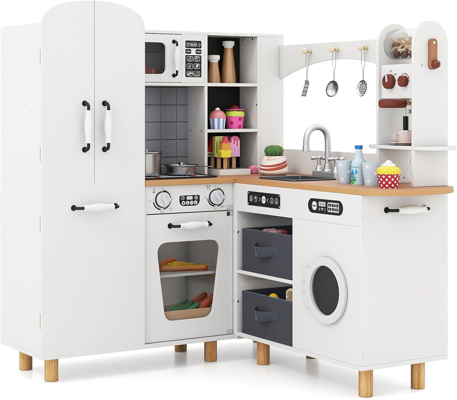 OLAKIDS Kids Corner Kitchen Playset, Wooden Play Kitchen with Washing Machine, Coffee Maker, Toy Grinder, Gift for Boys Girls