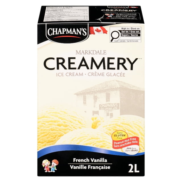 Chapman's Markdale Creamery French Vanilla Ice Cream 2L carton showing creamy yellow scoops, gluten free, peanut/nut free, and egg free labels, Canadian flag, and vintage creamery building illustration, suitable for pairing with desserts and recipes.