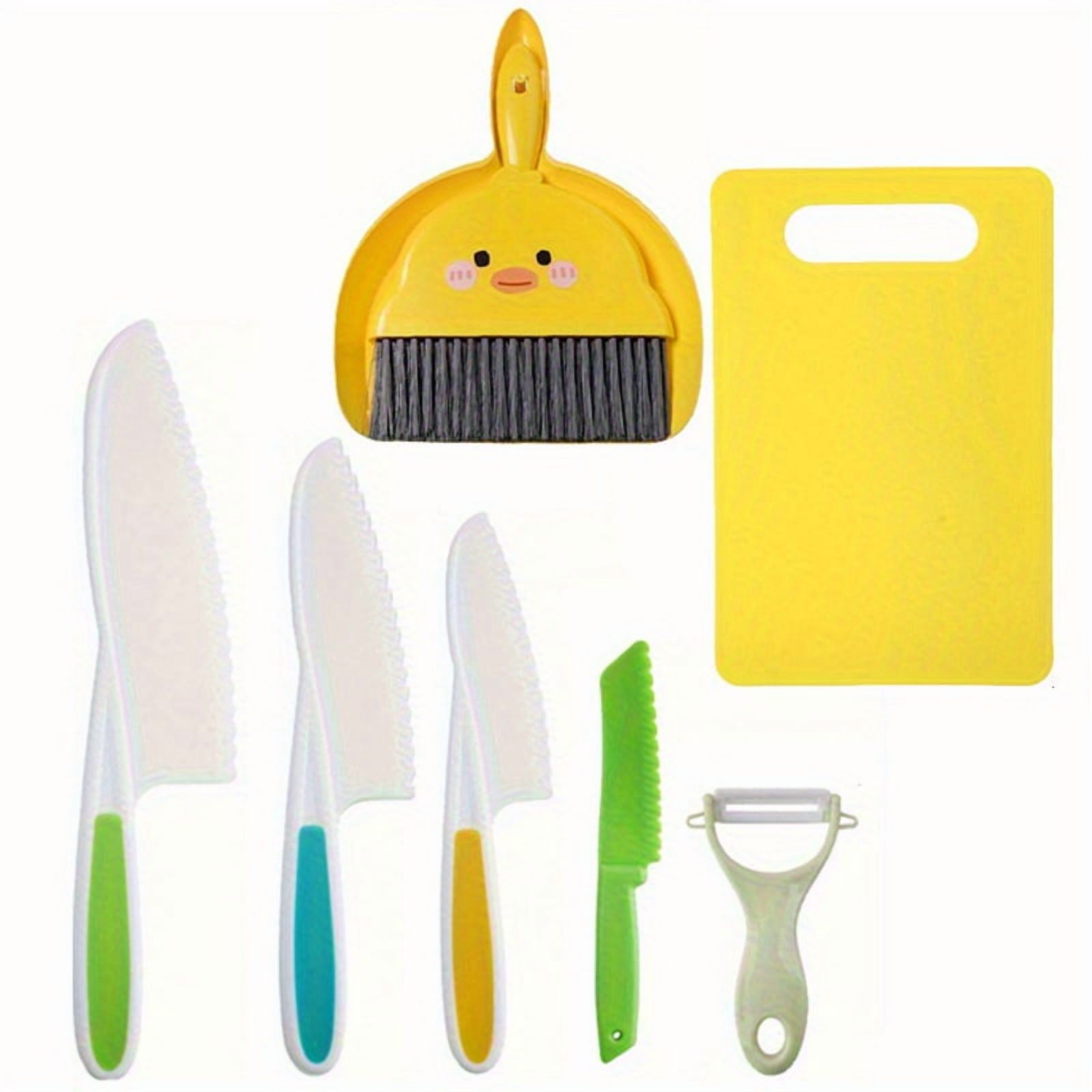 MesaSe 8pcs Kids Knife Set - Real Cooking Kitchen Tools with Cutting Board  Scraper  and Dustpan Broom for Youngsters  Safe Plastic Utensils for Boys and Girls  Playful Design with Cartoo