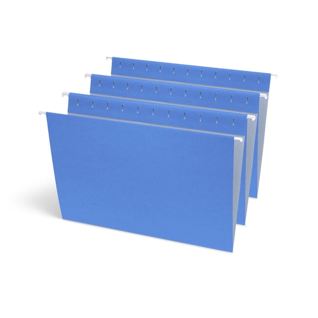 Continental Letter Size Hanging Folders in blue, 6 count, shown in a staggered front view. Each folder has reinforced steel rods with coated tips for smooth sliding in file drawers and 2-inch tabs along the top edge. The lighter interior colour reduces misfiling. Made from 11 pt. 100% recycled paper with at least 60% post-consumer material, suitable for colour-coded document organization in office filing systems.