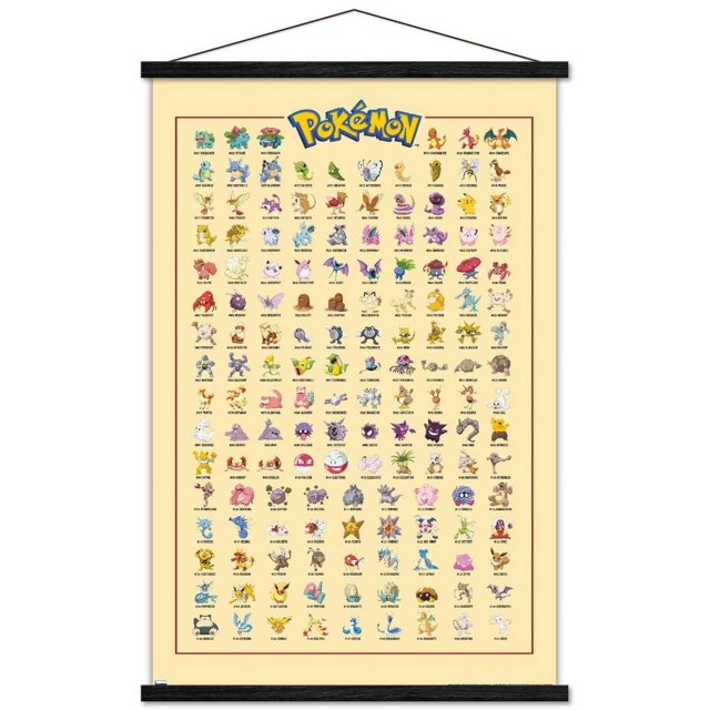 Pokémon - Kanto Grid Wall Poster showing a grid of the original 151 Kanto Pokémon with their numbers and names on cream FSC-certified gloss poster paper, framed with black wooden magnetic rails and a sawtooth hanger, measuring 22.375 by 34 inches, suitable for bedrooms, offices, dorms, and themed party decor.