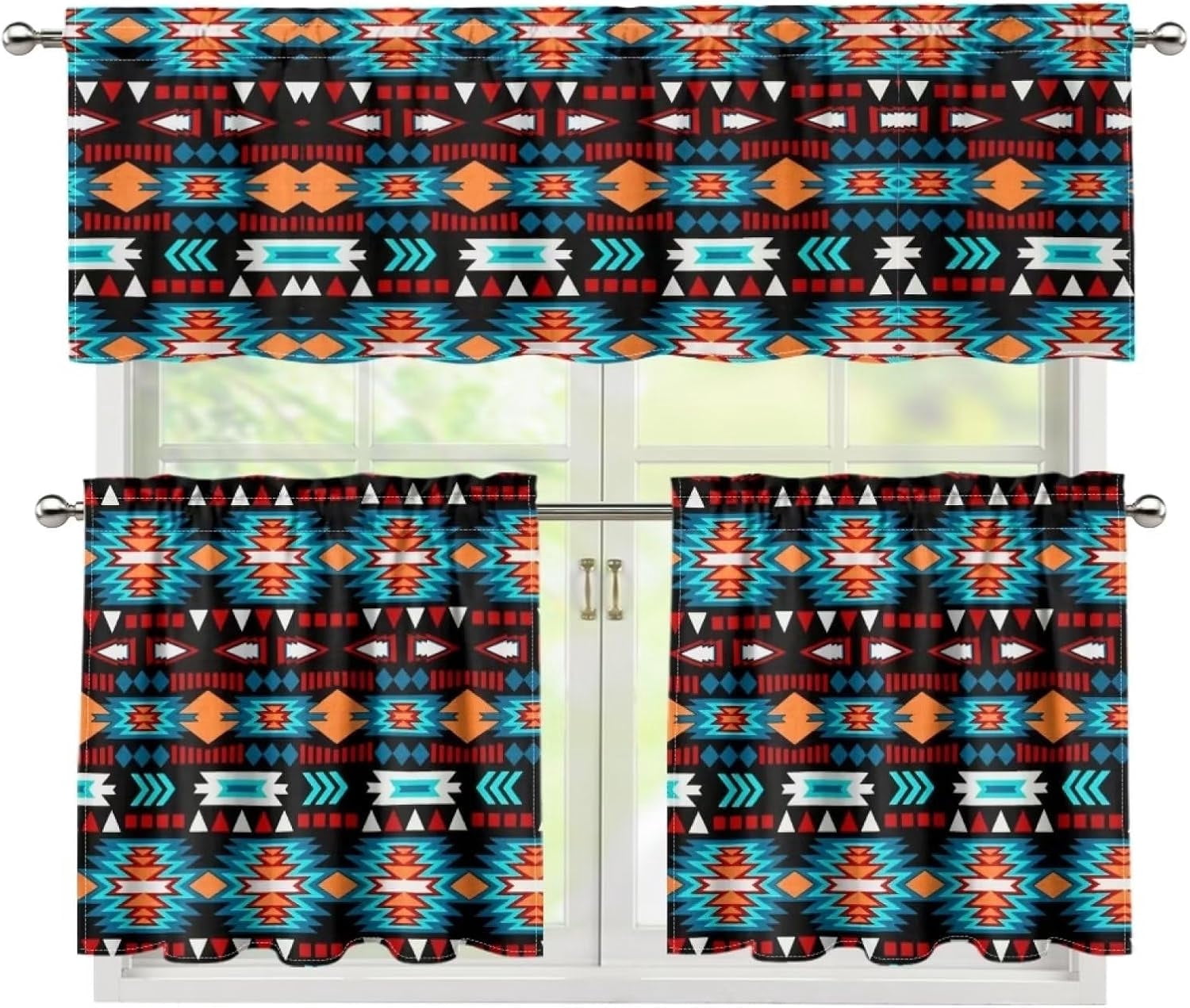 Aztec Window Kitchen Curtain Tier and Valance,3 Piece Kitchen Window Curtains Set for Living Room Bedroom