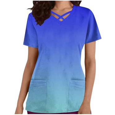 Pisexur Scrub Tops Women Fashion Gradient Color V Neck Scrubs for Women Casual Modern Fit Short Sleeve Nursing Tops Working Uniform with Pockets