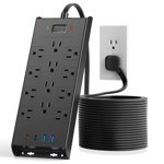 Surge Protector Power Strip 4800J, LeZone 15Ft Long Extension Cord Flat Plug, 12 Outlets 2 USB C 2 USB Ports, Wall Mountable, 20W Desk Charging Station, Black