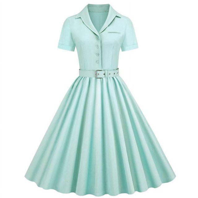 AherBiu Robe Vintage pour Femmes des Années 1950 à Boutons, Col à Revers, Col en V, Manches Courtes, Chemise Plissée, Robe Midi de Soirée