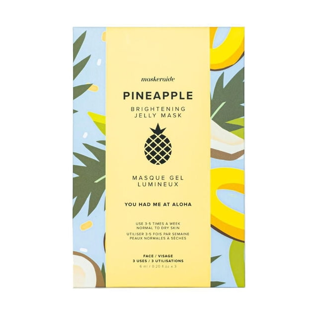 Maskeraide Pineapple Hydrating Brightening Jelly Face Mask packet with a yellow front panel featuring a black pineapple icon and bilingual text, surrounded by a blue tropical design with green leaves and pineapple rings, formulated for normal to dry skin to brighten, hydrate, and smooth skin texture with 3 uses per pack.
