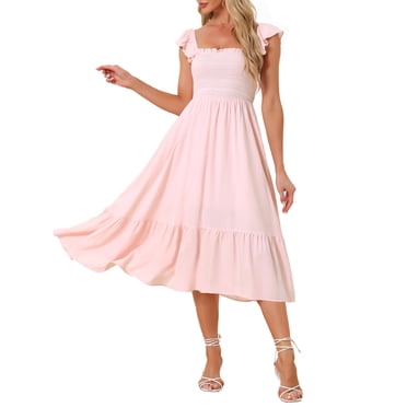 INSPIRE CHIC Women's Sundress Square Neck Ruffle Tiered Boho Midi Dress Pink XL