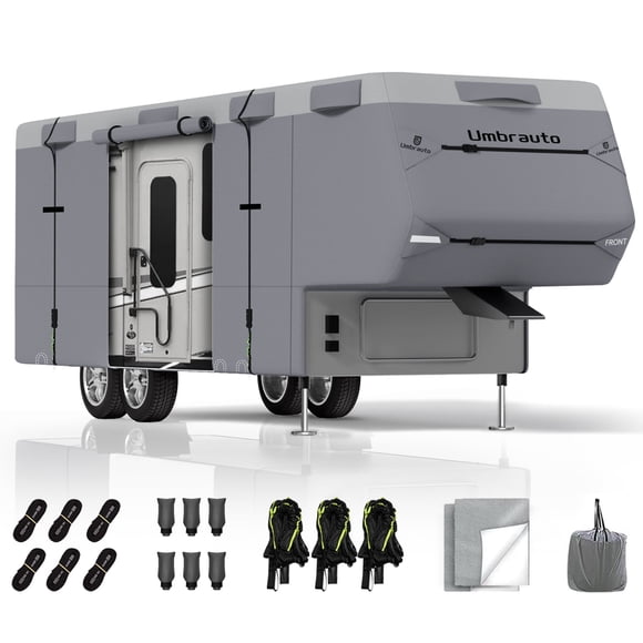 5th Wheel RV Cover for 34'-37' RV 7 Layers Top Anti-UV Waterproof Camper Covers Travel Trailer Motorhome with Gutter Covers