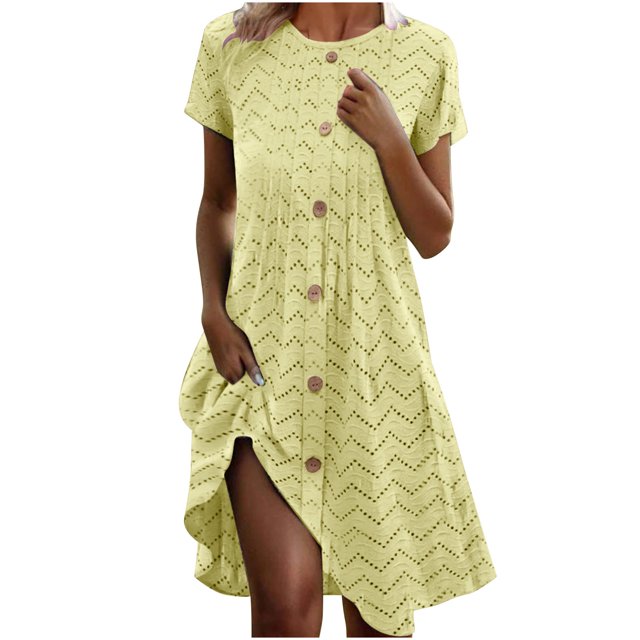 Mgmyaa Robe d'Été Décontractée pour Femme à Manches Courtes, Midi à Boutons, Robe de Plage, de Voyage et de Vacances