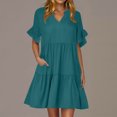 thumbnail image 2 of Robe Midi Évasée à Étages Décontractée pour Femmes, à Volants, Manches Courtes, Col en V, Ligne A, Ample, Robes d'Été Fluides, Robe Chemise Évasée Mini avec Poches, 2 of 6