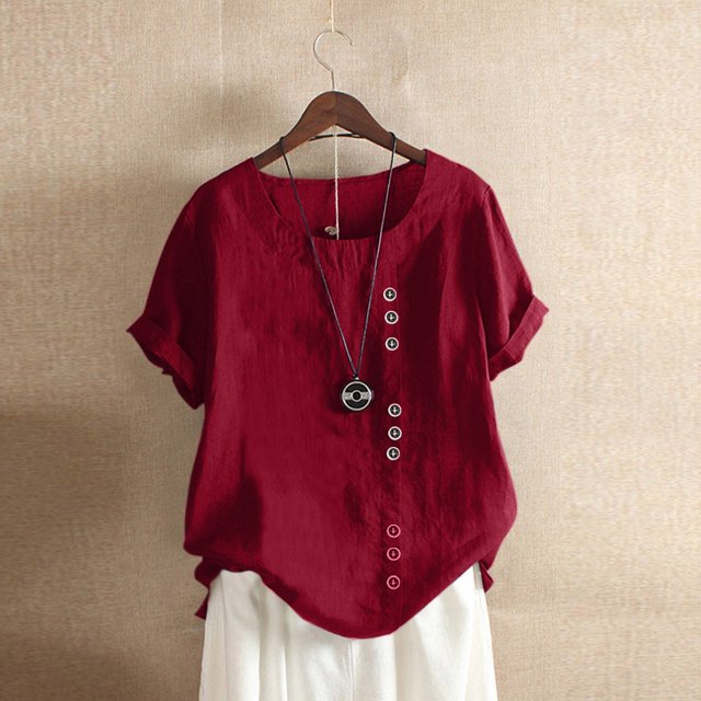 Shiusina Womens Casual Loose Button Linen Plus Size Daily Boho Tanic T-Shirt Blouse Tops Red