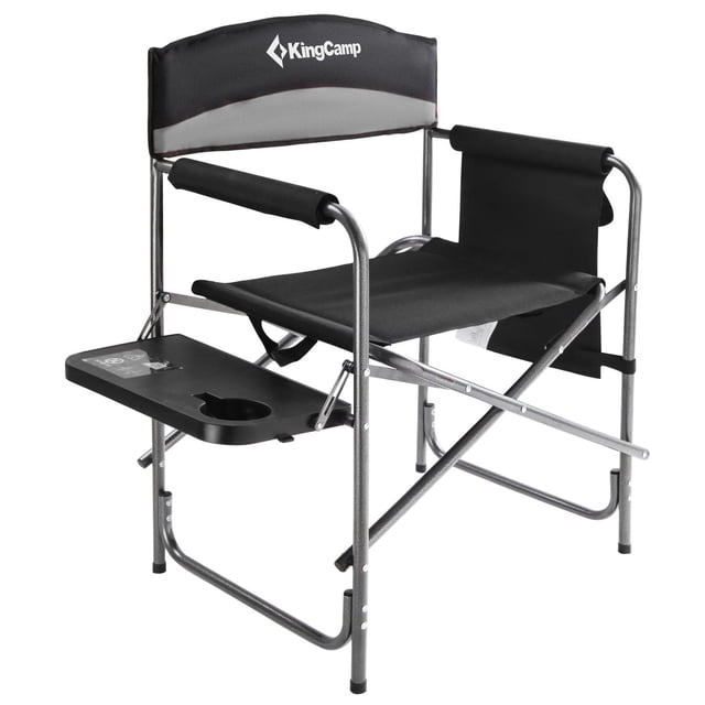 KingCamp Chaise de Camping de Metteur en Scène Robuste en Gris avec Cadre en Acier Robuste pour la Stabilité, Accoudoirs Rembourrés et Soutien Dorsal, design Pliant, table d'Appoint avec Porte-Gobelet et Pochette Latérale pour Ranger les Effets, Convient au Camping et aux Activités de Plein Air.
