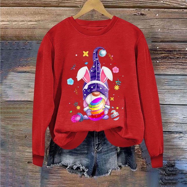 EGNMCR T-Shirt Imprimé de Pâques T-Shirts Graphiques pour Femmes Chemises pour Femmes Journée de Pâques Chandail à Capuchon Imprimé à Col Rond pour Femmes Haut à Manches Longues T-Shirt pour Femmes