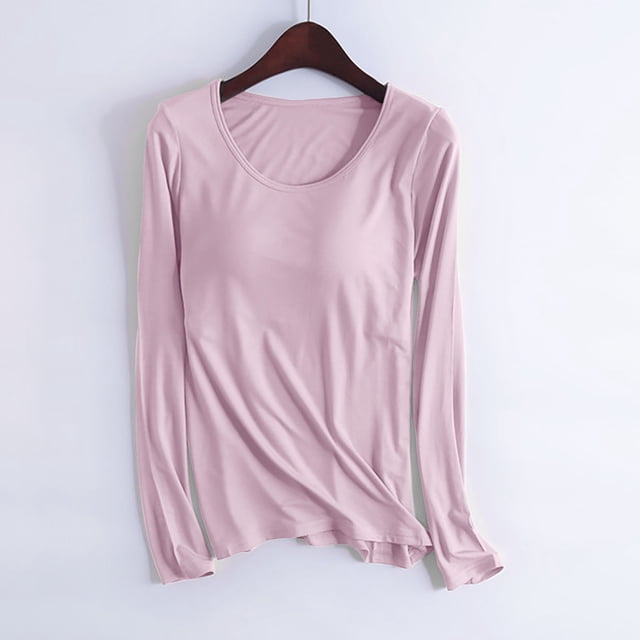 RKSTN Pyjama pour Femmes Confortable Léger avec Soutien-Gorge Rembourré Intégré Pyjama Couleur Unie Manches Longues Col Ras du Cou Tenue de Nuit Polyvalente Tenue Décontractée d'Hiver Haut une Pièce