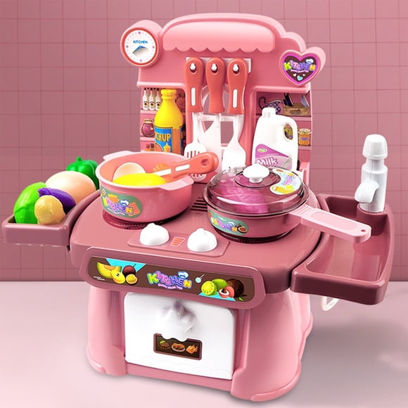 WLOELOEW Pink Kitchen Set With Play Food For Toddlers Boys Girls Children'S Home Toys Mini Kitchen Birthday Boys And Girls Cooking Stir Vegetable Kitchenware Set