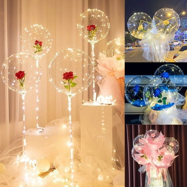 3 Pack LED Luminous Balloon Rose Bouquet 20 Inch Light Transparent Balloons with Rose Flower for Valentine's Day Wedding Anniversary Birthday Party Gift