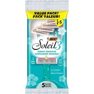 BIC Soleil Simply Sensitive Women's Disposable 3 Blade Razors, Soothing Moisture Strip, 5-Count Pack
