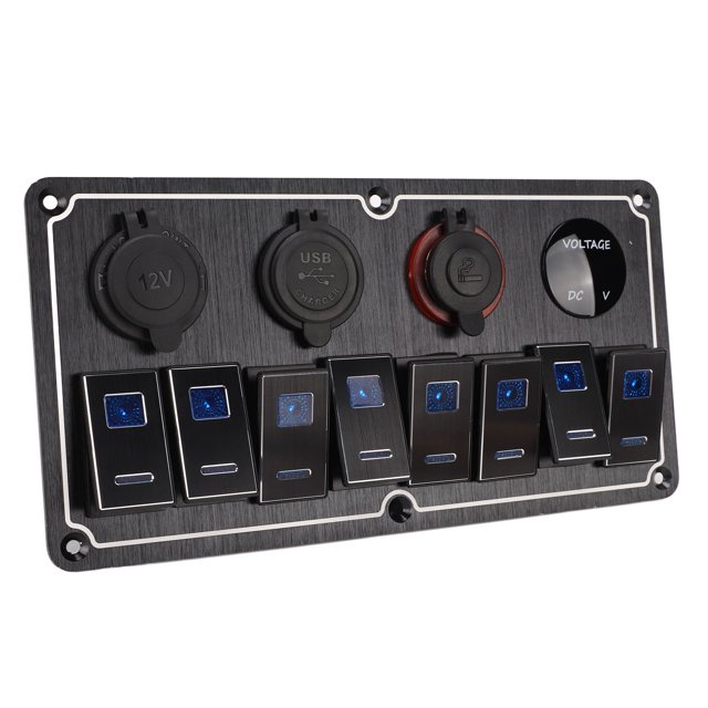 RV Rocker Switch Panel, Anodize Black 8 Gang RV Aluminum Alloy Switch Panel Single Pole Single Throw 2 Blue LEDs 12 To 24V With DIY Stickers For Ships