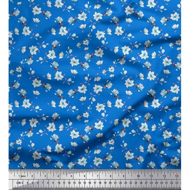 Soimoi Moss Georgette Fabric Leaves & Magnolia Floral Decor Fabric Printed Yard 42 Inch Wide