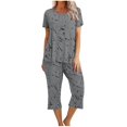 thumbnail image 2 of Économies d'Été Liquidation Iumwxz Pyjamas Décontractés Fluides Tenues Grande Taille Tenues d'Été Mode Graphique Col Rond Manches Courtes Taille Élastique Pantalons Raccourcis Ensembles Assortis pour Fête Dames, 2 of 6