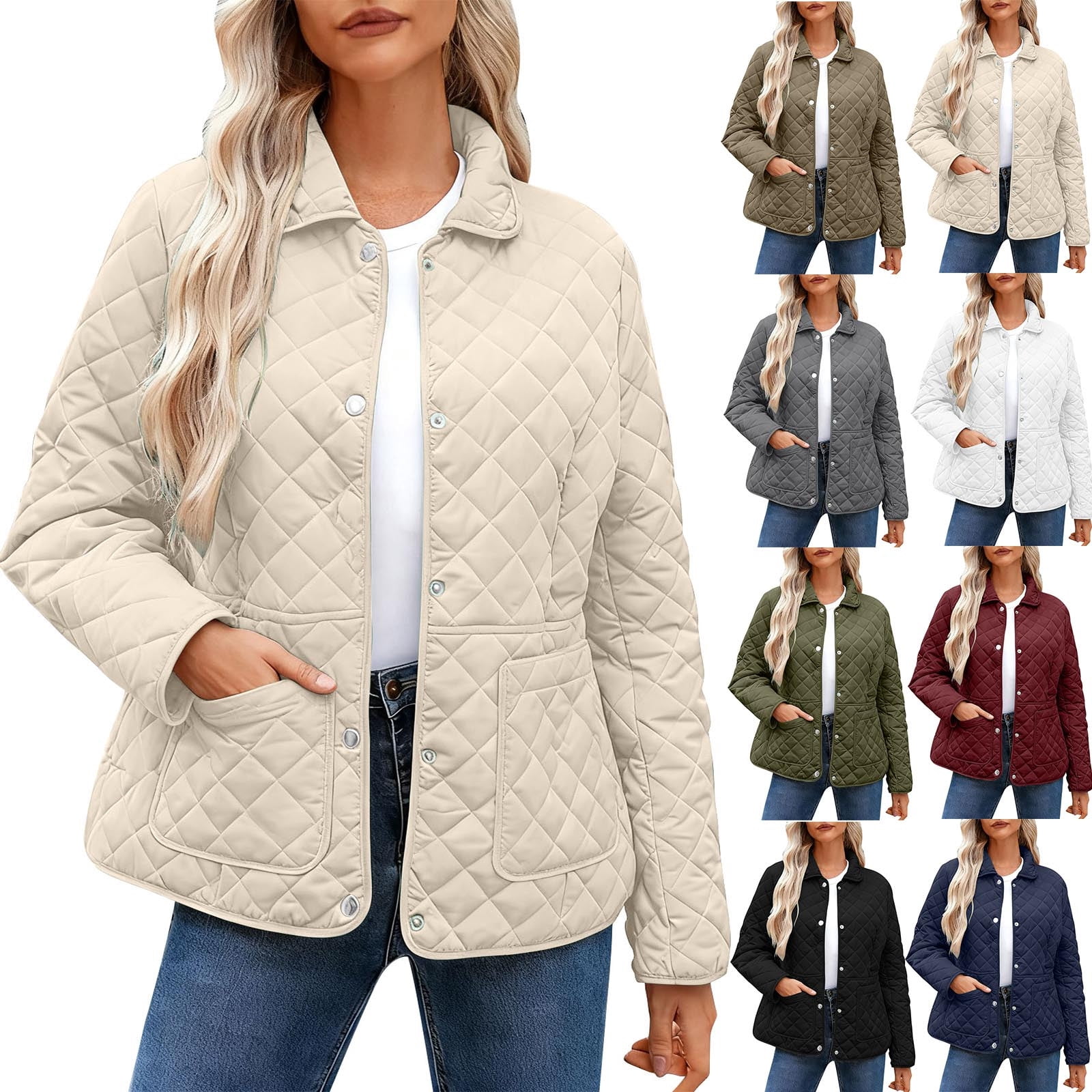 YOIAVAIOY Women's Winter Quilted Jackets Long Sleeve Puffer Jacket Button Down Diamond Coats with Pockets White XL