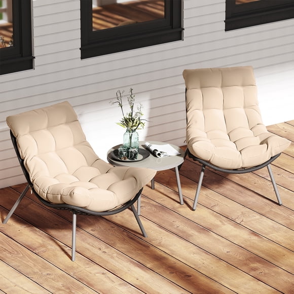 Costway Ensemble de Mobilier de Patio 3 Pcs avec Fauteuils Papasan Rembourrés Table Basse en Verre Trempé Brun