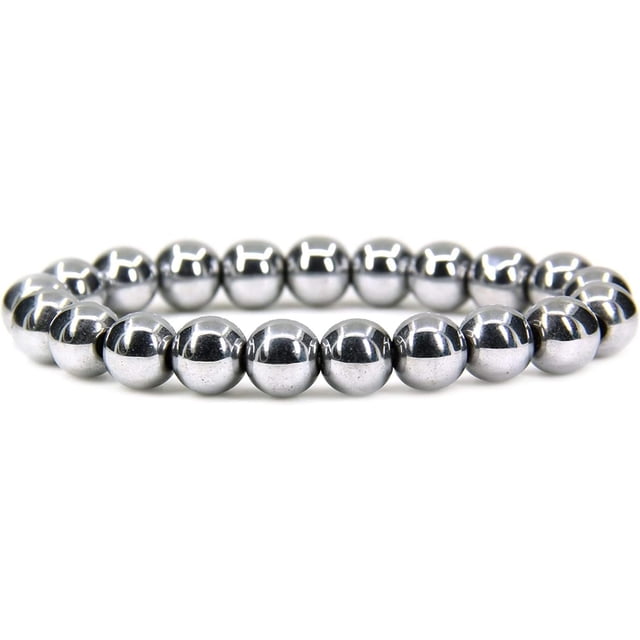 Angelstones Bracelet Extensible à Perles de 10 mm en Hématite Blanche Naturelle, Véritable Semi-Précieuse, Guérison, 7 Pouces Unisexe