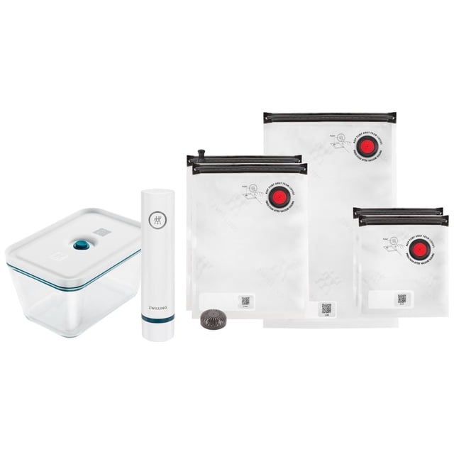ZWILLING Fresh & Save Ensemble de 7 Pcs avec une Pompe à Vide Portative Blanche avec Garniture Bleue et logo, un Contenant sous Vide Rectangulaire Transparent avec Couvercle Blanc et valve Bleue, et Cinq Sacs sous Vide Refermables en Plusieurs Tailles avec Joints Noirs et valves Rouges, Convient pour Prolonger la Fraîcheur des Aliments et la Cuisson sous Vide.