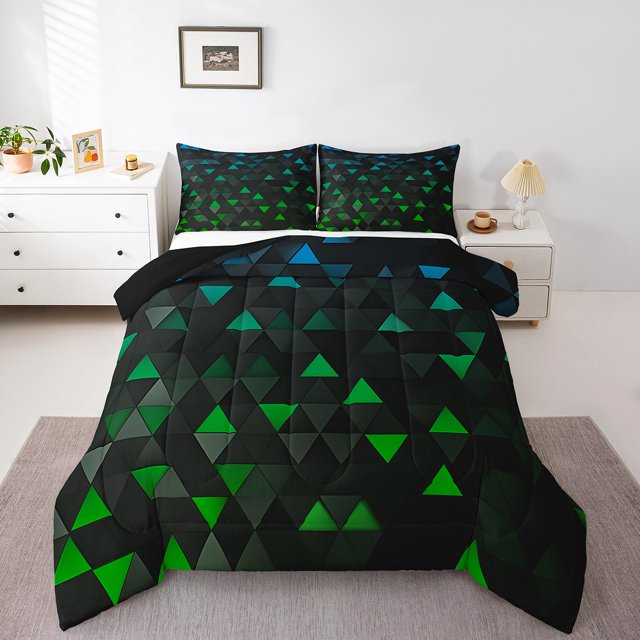 Erosebridal Green Triangle Bedding Full Comforter Set,Blue and Black Down Comforter,Gradient Geometry Decor,3 Pieces