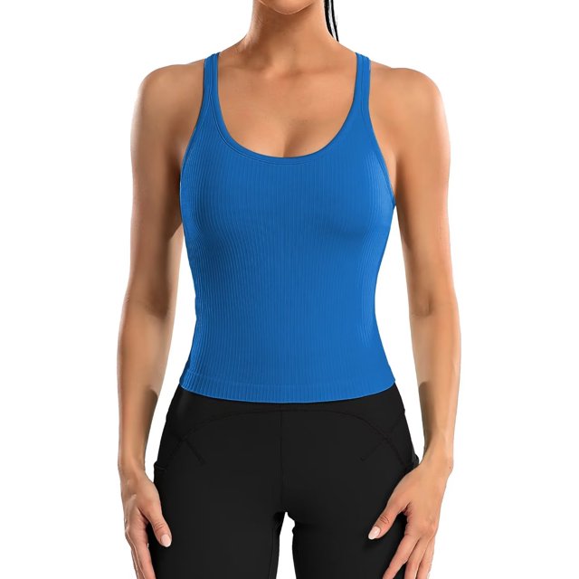 Charmo Women's Scoop Neck Ribbed Tank Tops Slim Straps Cropped Tops Built in Bra