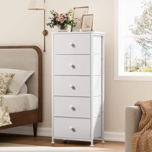 GUNAITO Commode Haute pour Chambre avec 5 Tiroirs Commode Bac de Rangement en Tissu Blanc