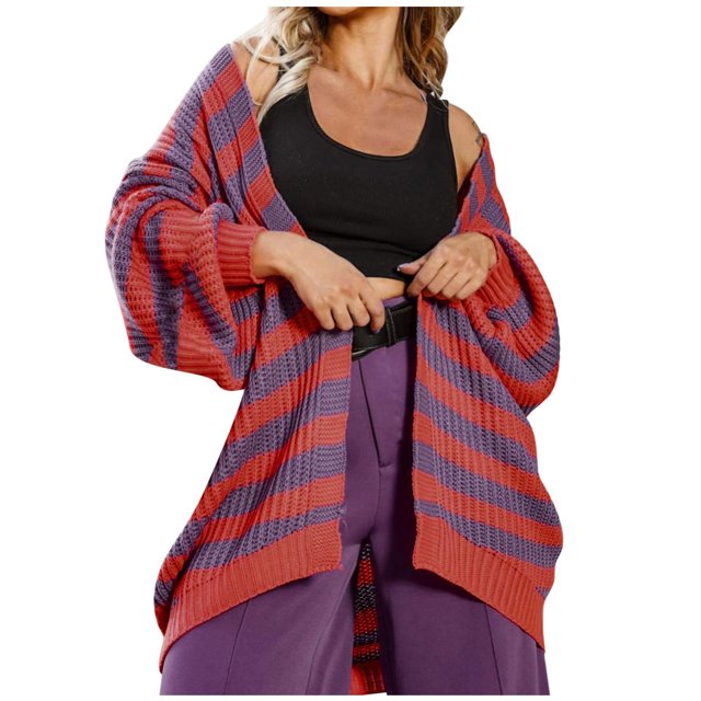 IROINID Cardigan Mi-Long pour Femmes, Veste Ouverte devant, Rayures, Manches Longues, Cardigan Décontracté, Ample, Violet