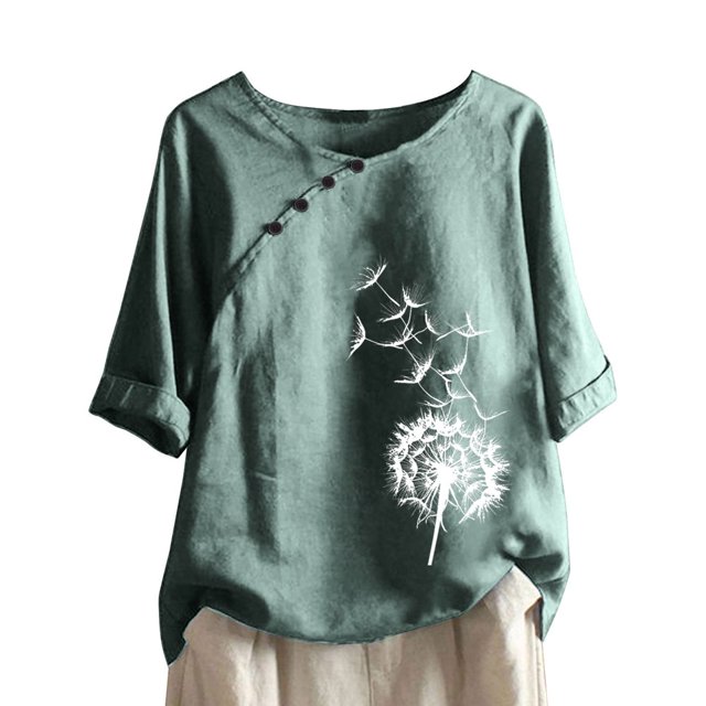 CHUANK Hauts pour Femmes en Liquidation à Moins de 10$ Hauts pour Femmes Décontractés Printemps Été Manches Longues Coton Lin Imprimé Graphique Pissenlit Col Rond Blouses Vintage Grande Taille