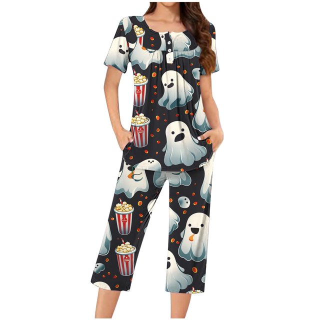 Rbaofujie Pyjama d'Automne pour Femmes Ensemble de Pyjama pour Femmes à la Mode Décontracté Ample Imprimé Col Rond à Boutons Pantacourt Ensemble de Pyjama pour Femmes