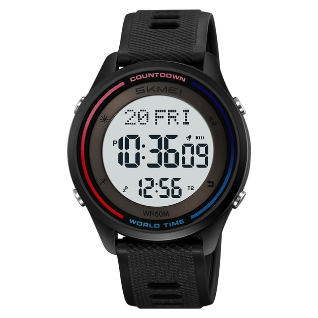 SKMEI 2348 Montre Numérique Unisexe avec Rétroéclairage EL, Étanche 50 m, Heure Mondiale, Alarme, Chronomètre, Compte à Rebours et Format 12/24 H