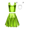 thumbnail image 2 of YONGHS Women's Alien Set Cheer Leader Outfit Metallic Crop Tank Top with Ruffle Skirt Hair Hoop Fluorescent Green XL, 2 of 7