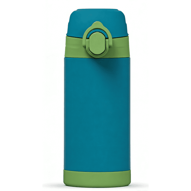 Bouteille SS 12oz - Bouteille d'Eau Verte avec Corps Cylindrique Bleu et Couvercle Vert, Bande Centrale et base, Fabriquée en Acier Inoxydable SS304 avec Pièces en PP et silicone, Convient aux Boissons Chaudes et Froides, ultra portable pour le Travail, la Maison Ou la Bibliothèque, et Facile à Nettoyer avec Résistance aux Taches et aux Odeurs.