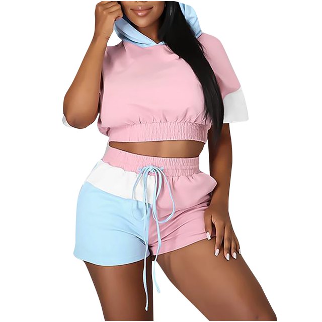 Yuyuzo Womens Sweat Suits 2 Piece Set Short Sleeve Color Block Hoodie Oversized Sweatshirts Shorts Tracksuits