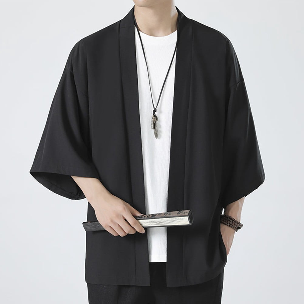 MYG Men Kimono Top Shirt Robe Coat Outerwear Open Front Cardigan Yukata Japanese