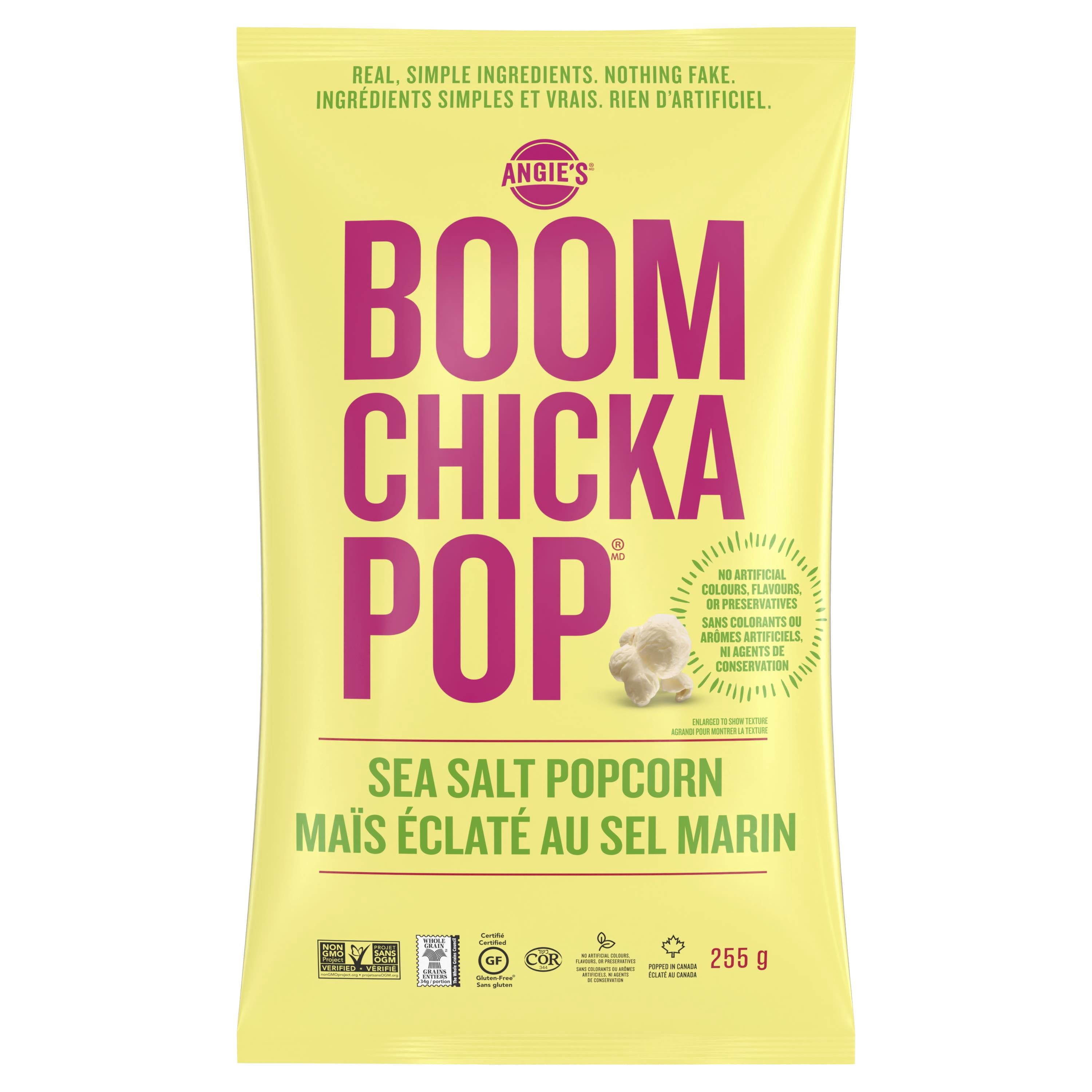 Angie’s BOOMCHICKAPOP Maïs éclaté au sel marin, format à partager, maïs éclaté 100 % grains entiers, maïs non OGM, sans gluten, sans colorants ni arômes artificiels ni agents de conservation, 255g