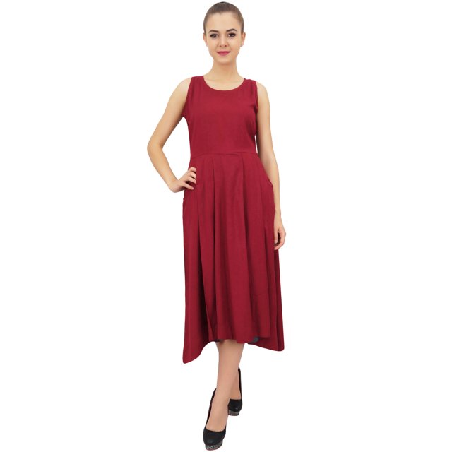 Bimba Women's Designer Rayon Dress With Pockets Solid Maroon Maxi With Scarf - 10
