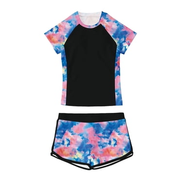 HNMKIU Trendy Girls Swimwear with Short Sleeve Rash Guard for Beach and Pool Activities for Summer 7-14 Years Old