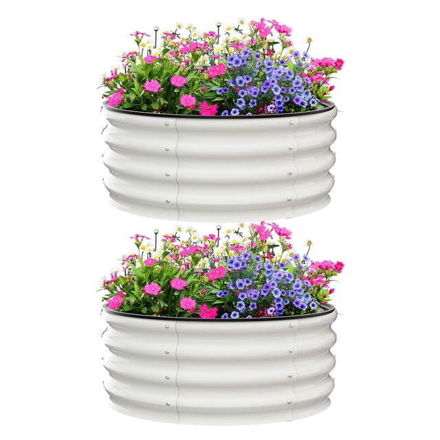 AKDSteel 2-Pack Round Galvanized Raised Garden Bed with two wave-shaped, open-bottom planters filled with vibrant flowers in pink, purple, and white. Constructed from durable galvanized steel with smooth, rounded edges for safe handling. Perfect for outdoor gardening, these raised garden beds provide superior drainage, ample space for vegetables, flowers, or herbs, and promote healthy plant growth.