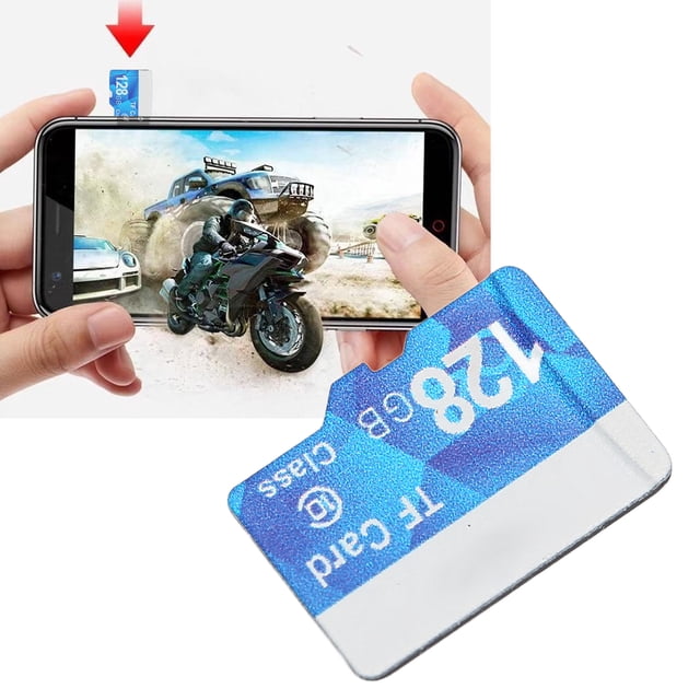 Crtynell 128GB TF card with a blue and white design, featuring class 10 high-speed data transmission of 10M/s. The card is shown being inserted into a smartphone displaying a high-resolution action scene with vehicles. Suitable for digital cameras, mobile phones, MP3 players, and other compatible devices.