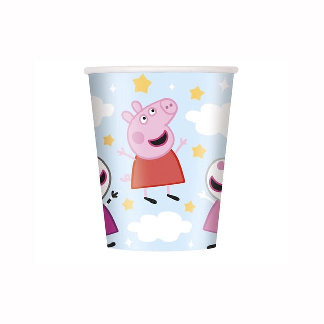Peppa Pig Birthday Paper Cups, 9oz., 8ct, disposable cups featuring Peppa Pig in a red dress with yellow stars and white clouds on a light blue background, perfect for children's birthday parties and easy cleanup.