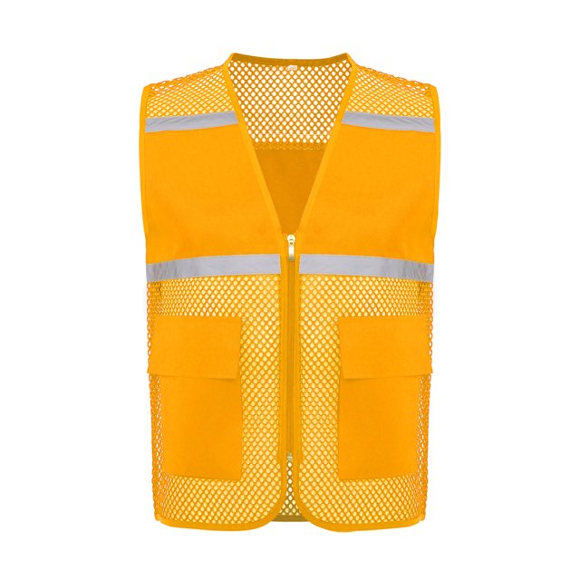 RUNQHUI Men Women Zipper High Visibility Reflective Safety Vest Construction Work Mesh Fabric Work Clothes Earthy Yellow 170