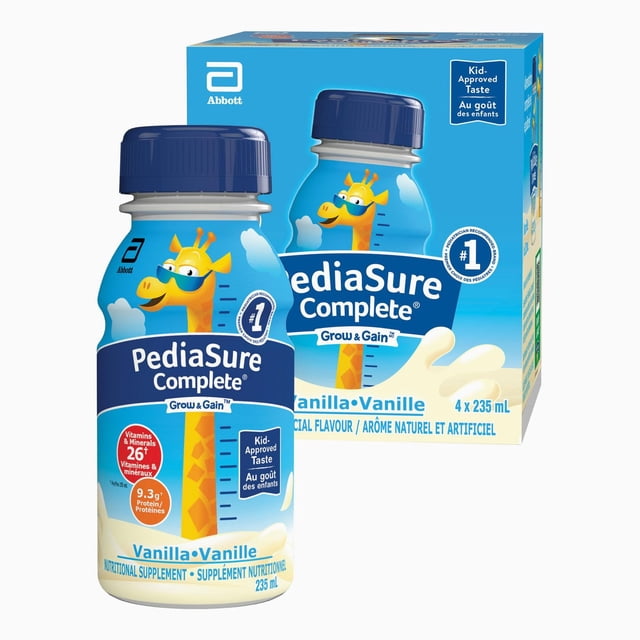 PediaSure Complete nutritional supplement kids shake in vanilla flavour, 4 x 235-mL bottles, with a blue bottle featuring a giraffe wearing sunglasses, containing 26 vitamins and minerals and 9.3 g protein per bottle, kid-approved taste, balanced nutrition for toddlers supporting growth and development.