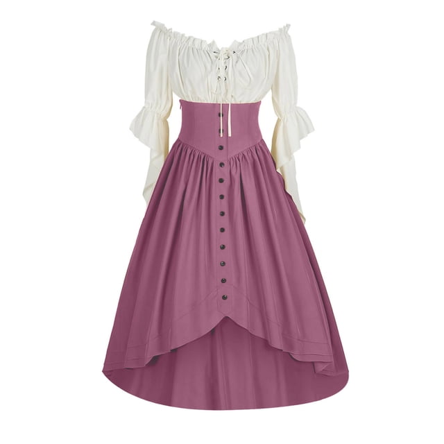 LOVZFMLL Costume Renaissance pour Femmes Robe Victorienne Médiévale Paysanne Manches à Volants Laçage Chemise Asymétrique Robe Maxi Tenue de Fête d'Halloween Cosplay